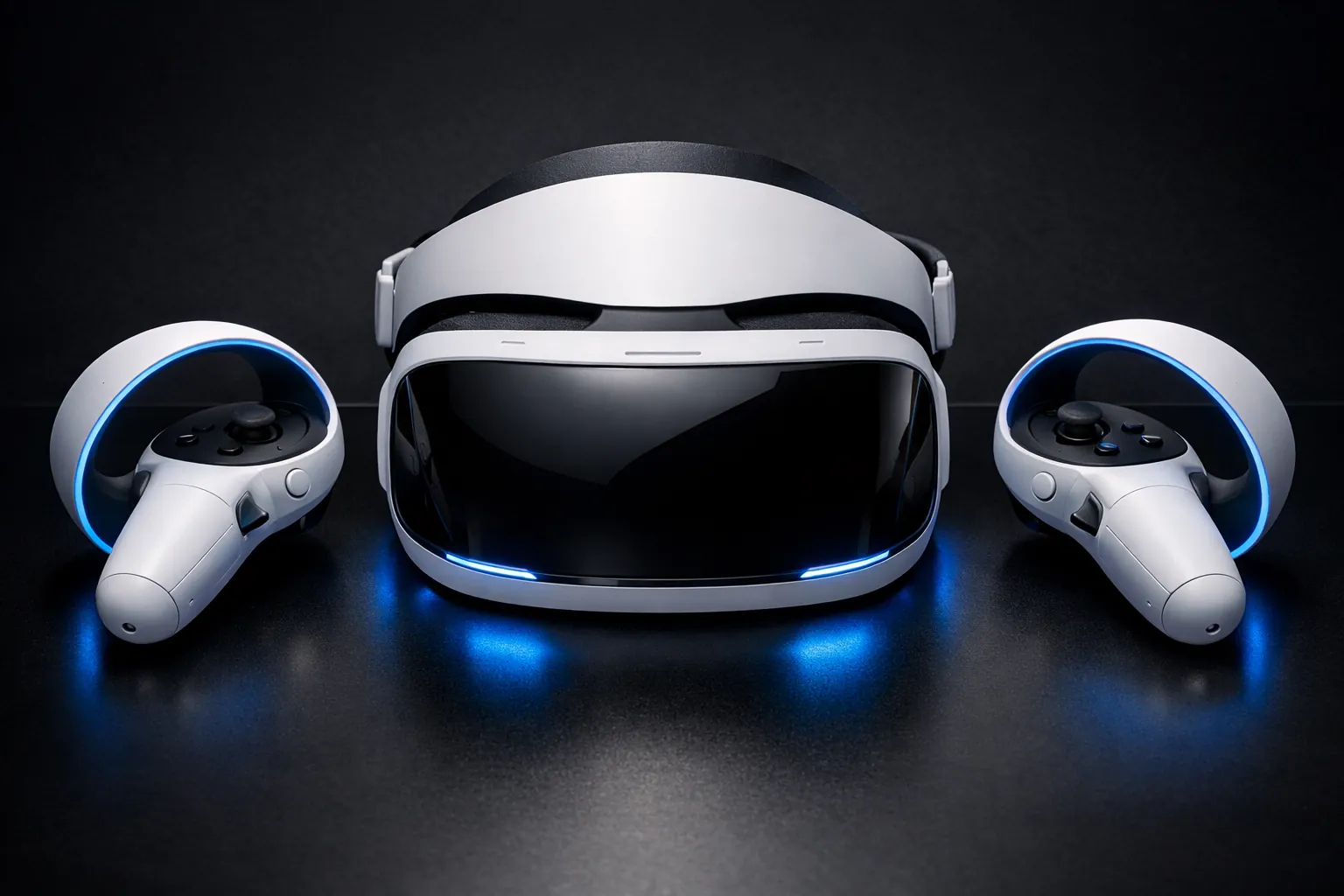 Casco de realidad virtual conectado a consola PS5 con luz azul ambiental y detalle de mandos Sense