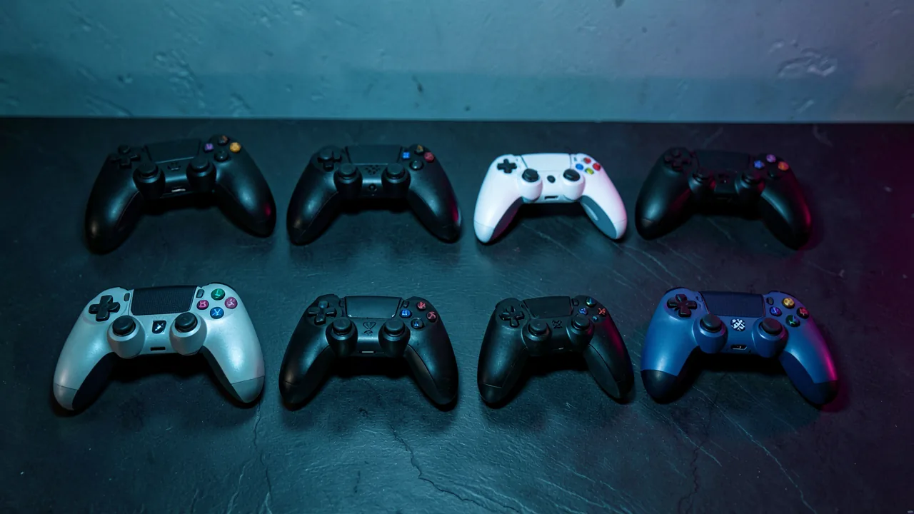 Ocho mandos de videojuegos distintos colocados en dos filas sobre un escritorio de pizarra oscura con iluminación cian y magenta