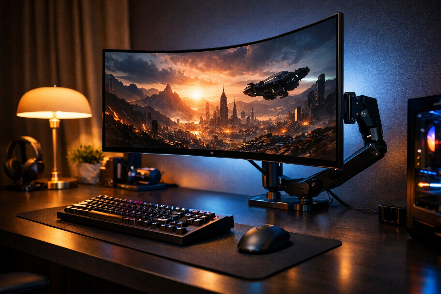 Setup gaming premium con monitor 4K OLED 240Hz en brazo VESA Ergotron y cables certificados