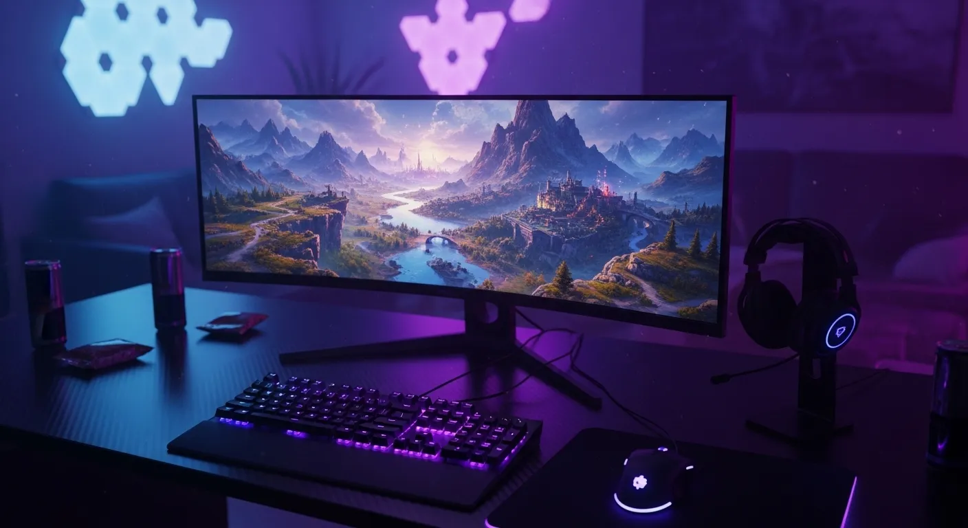 Setup gaming con monitor OLED mostrando colores vibrantes y negros profundos