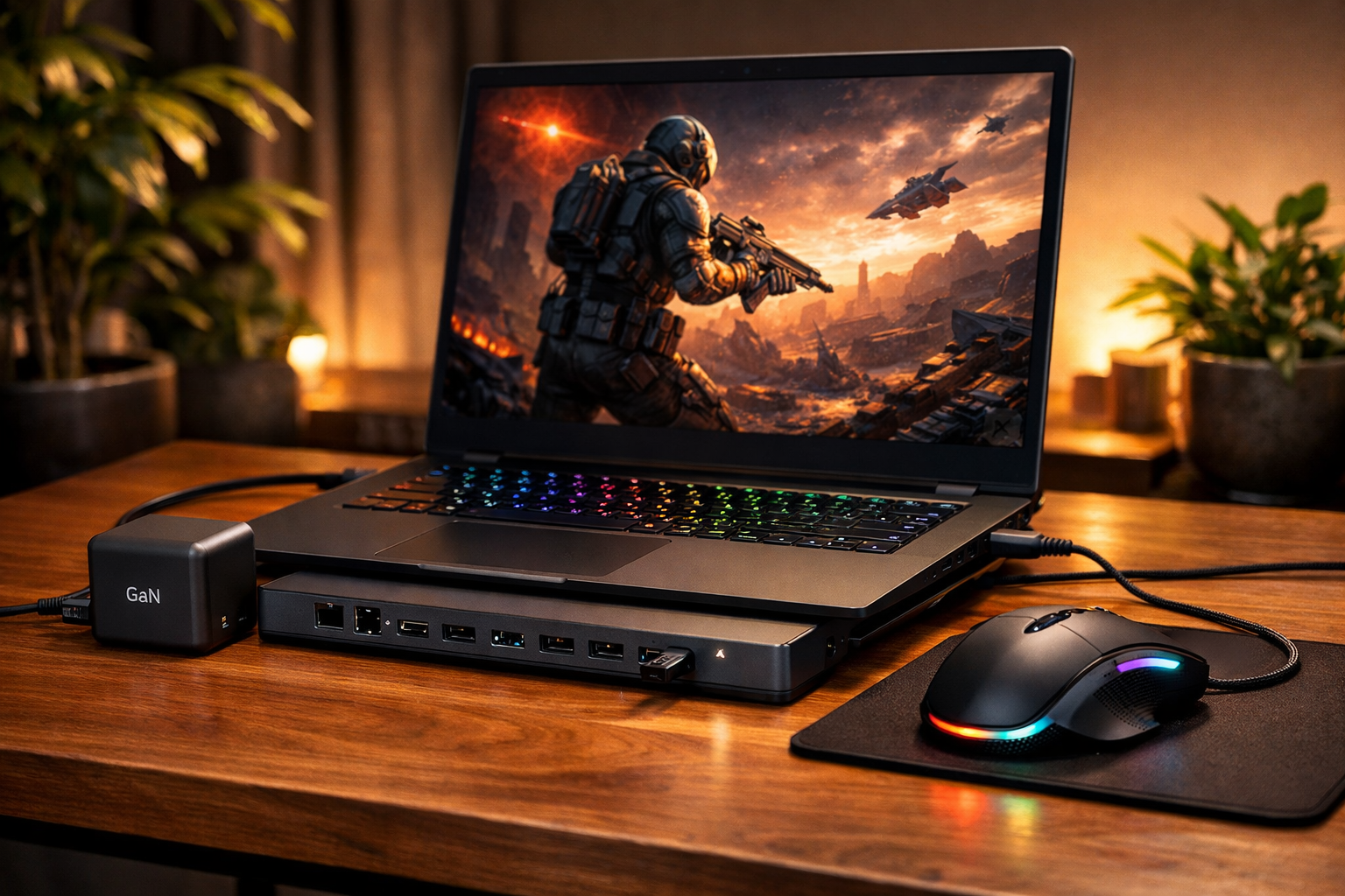 Setup portátil gaming premium con dock USB-C mouse Logitech G Pro y cargador GaN de viaje