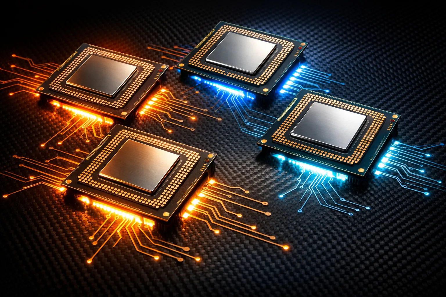 Cinco procesadores tope de gama 2026: Ryzen 9 9950X3D, Ryzen 7 9850X3D, Ryzen 7 9800X3D, Intel Core Ultra 9 285K y Apple M5 alineados sobre un banco de pruebas