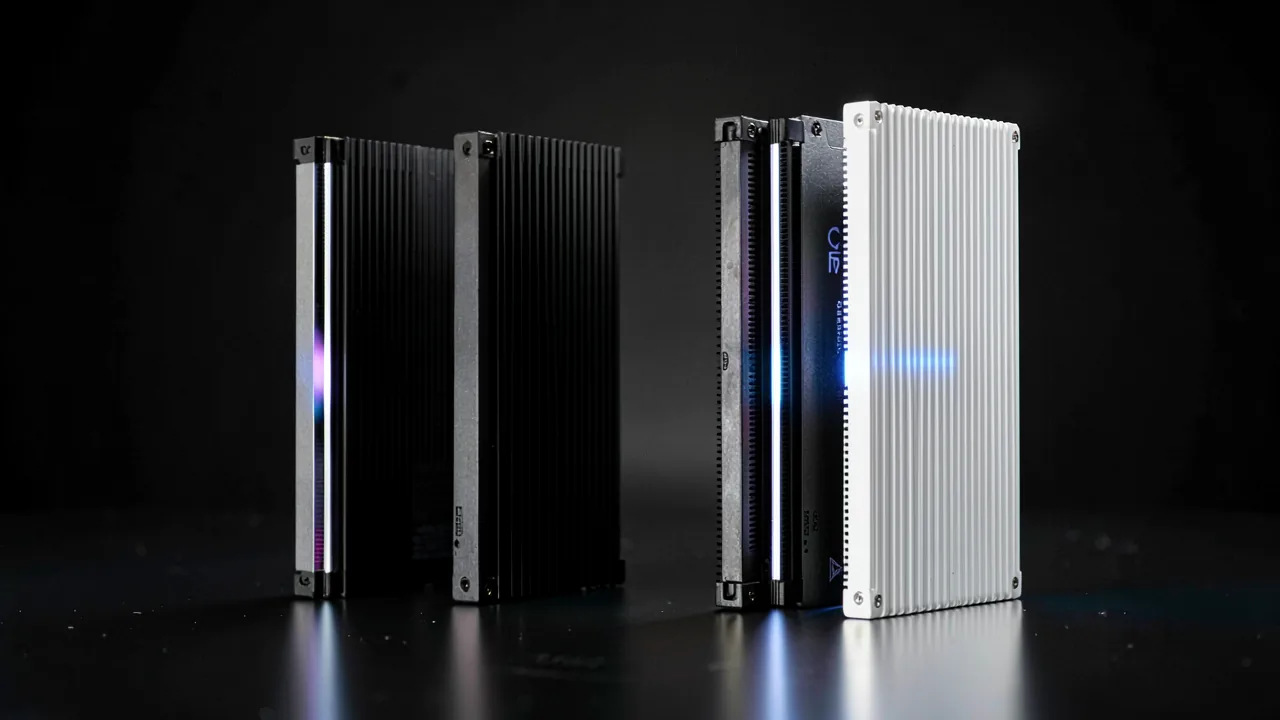Cuatro kits de memoria RAM DDR5 con disipadores y una franja RGB iluminada sobre fondo oscuro