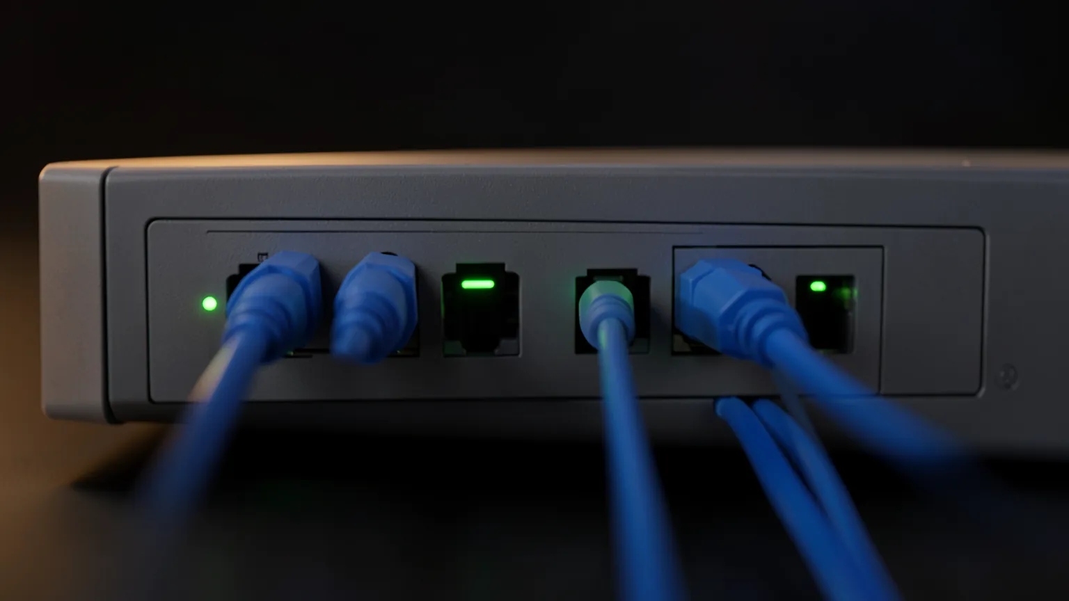 Cables de red azules conectados a los puertos traseros de un equipo de red, con luces de actividad encendidas
