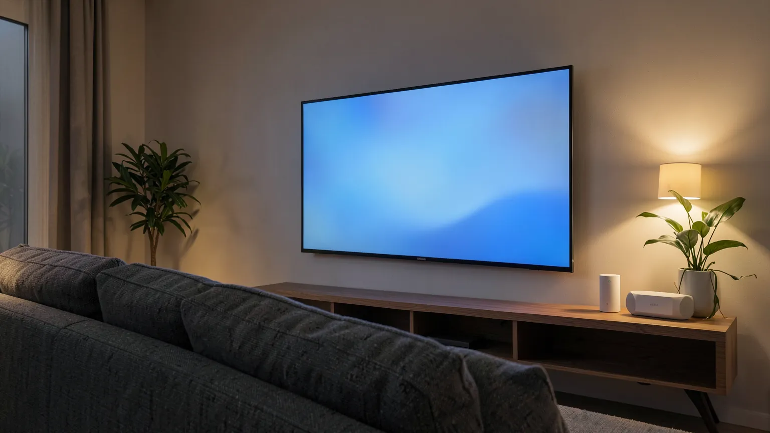 Salón moderno con sofá, televisor encendido y un pequeño dispositivo de red blanco sobre una estantería