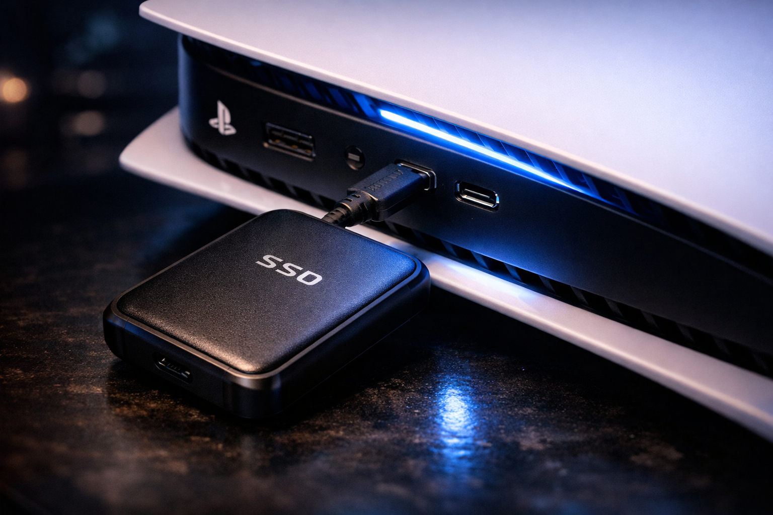 SSD externo USB-C conectado a PS5 ampliando almacenamiento de juegos