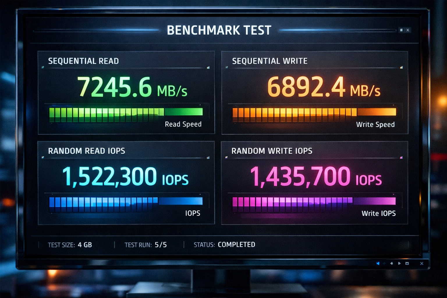 Gráfico de benchmark CrystalDiskMark comparando velocidades secuenciales y IOPS aleatorias de SSD PCIe Gen5 en 2026