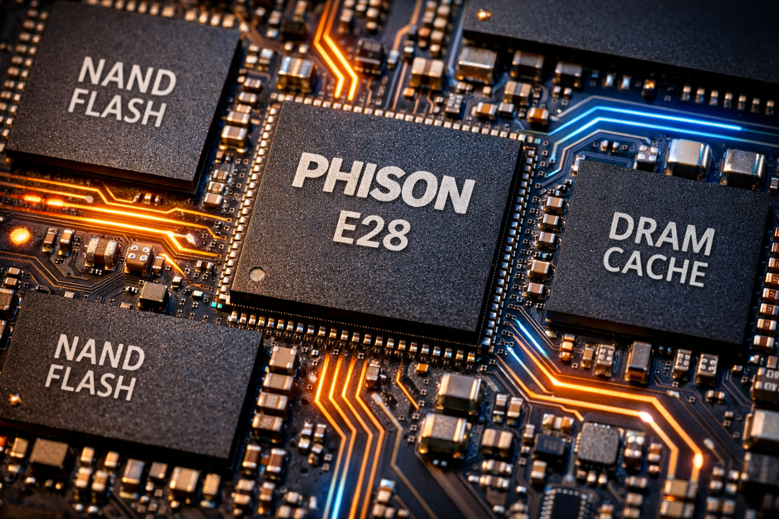 Detalle del controlador Phison E28 de 6 nm en un SSD PCIe Gen5 con disipador de aluminio y refrigeración activa