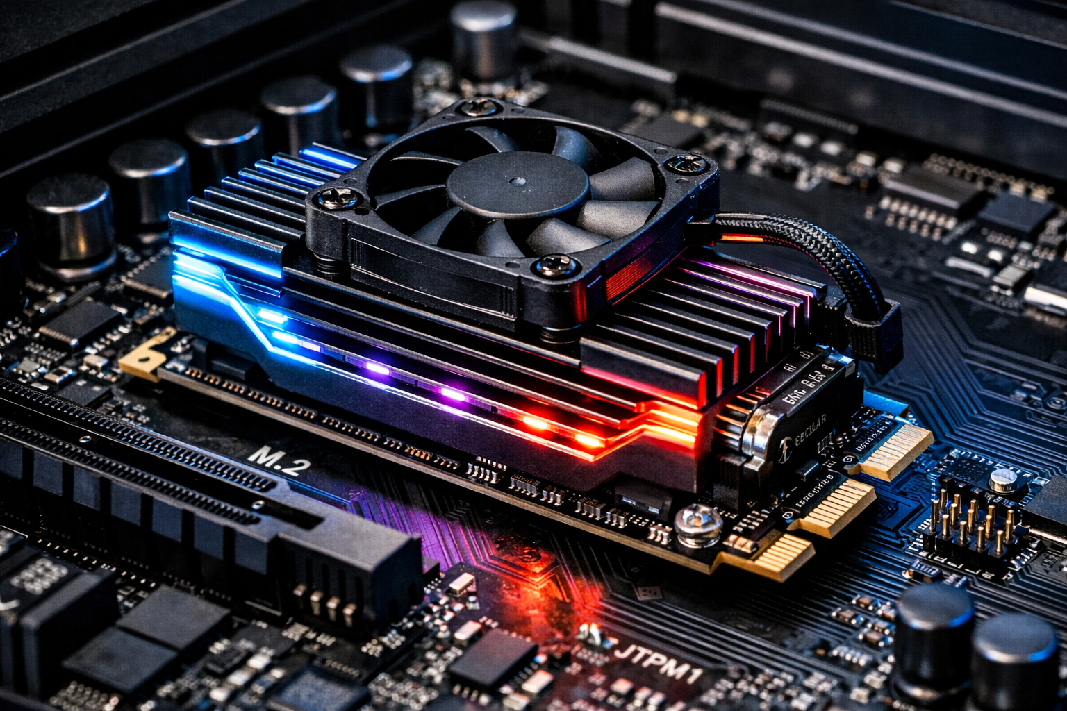 Sistema de refrigeración activa con ventilador PWM sobre disipador de aluminio para SSD PCIe Gen5 M.2 en placa base gaming