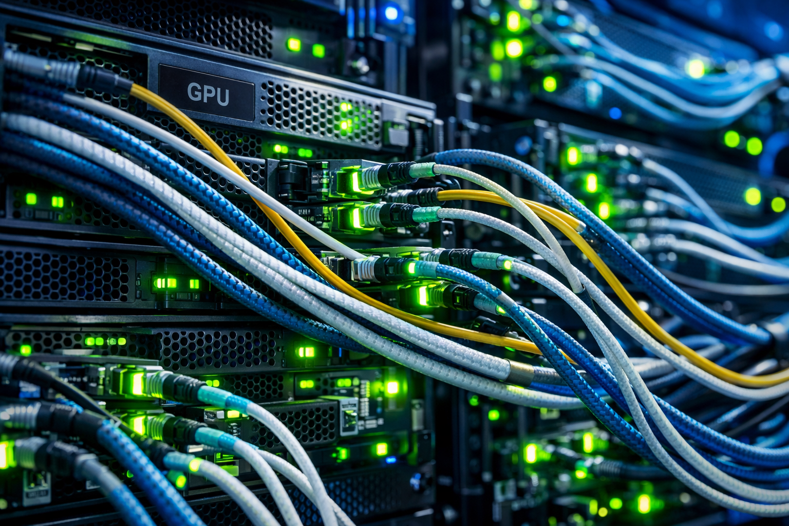 Flota de GPUs NVIDIA H100 y B200 desplegadas en un moderno centro de datos hyperscale para cargas de IA