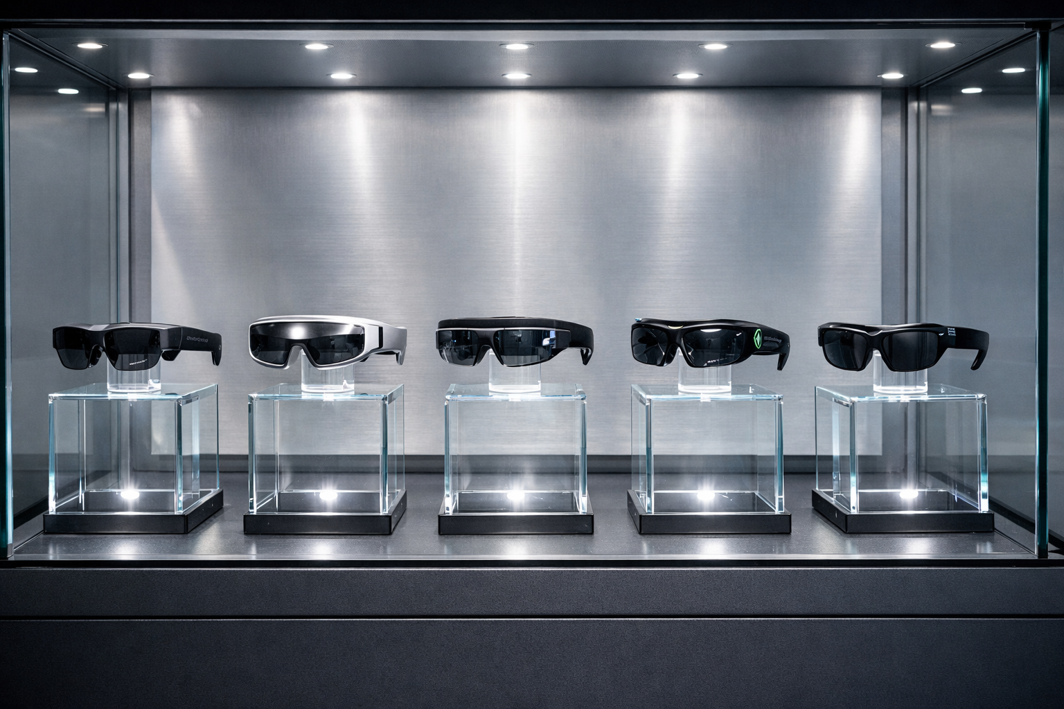 Mesa de exposición con diferentes modelos de gafas inteligentes wearables compitiendo en el mercado tecnológico