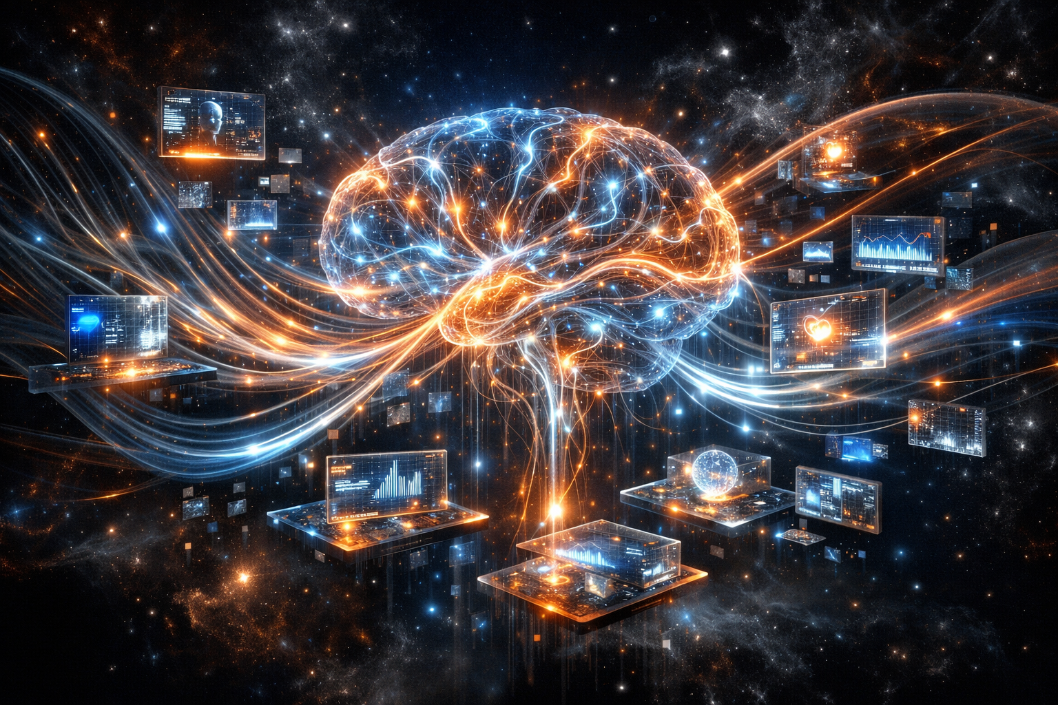 Visualización abstracta de inteligencia artificial multimodal procesando objetos y entornos con líneas neuronales luminosas