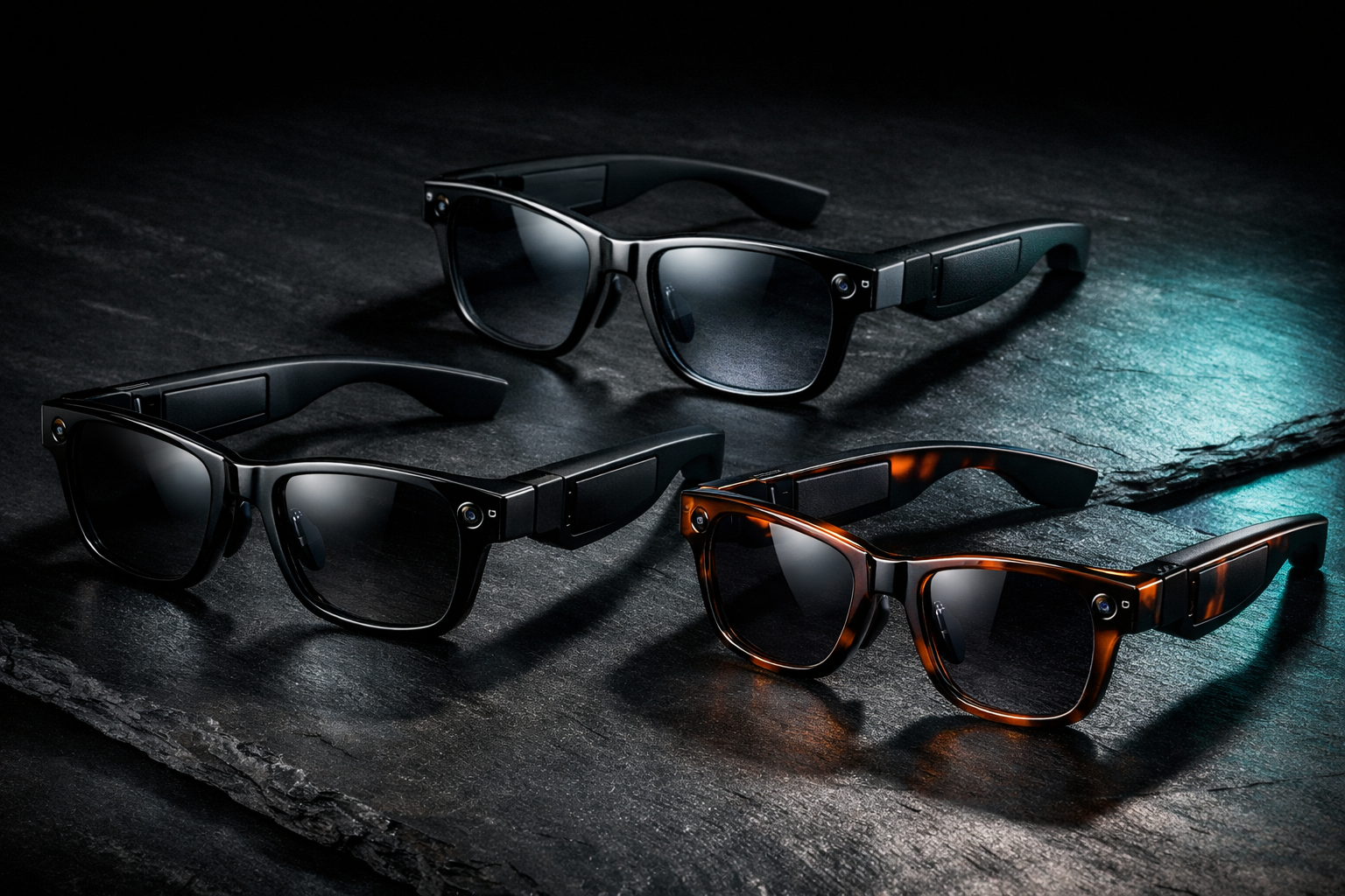 Trío de gafas inteligentes premium con cámara integrada y altavoces de oído abierto sobre fondo minimalista azul
