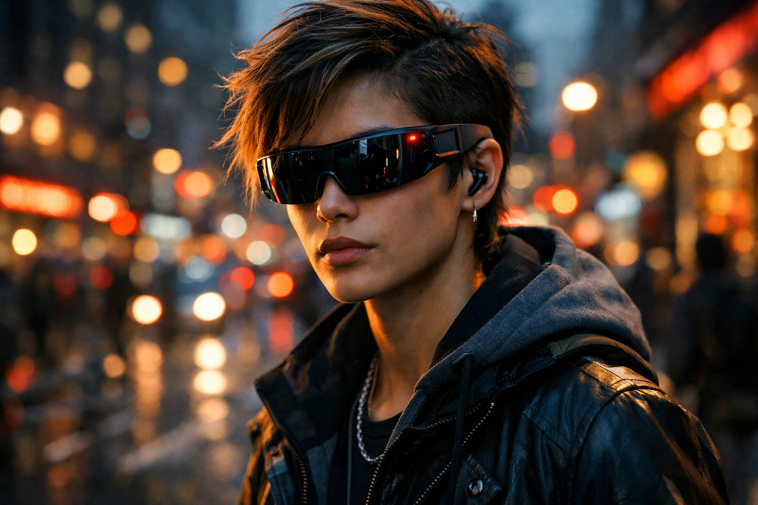 Persona urbana llevando gafas inteligentes futuristas con discreto LED parpadeante de grabación en la esquina de la montura