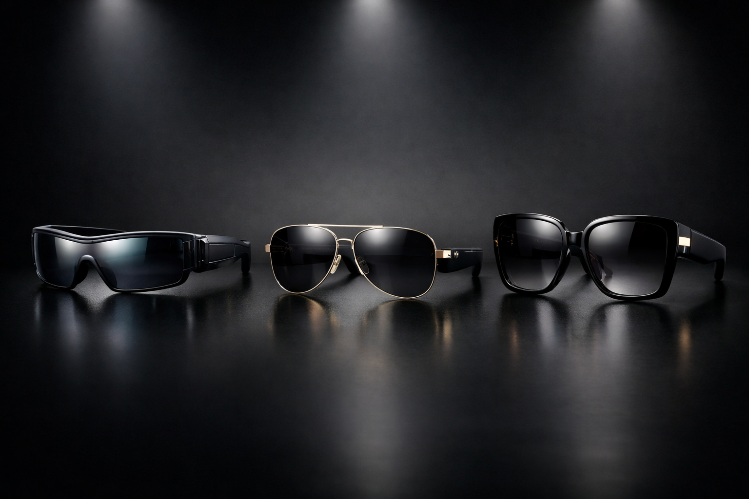 Tres modelos de gafas inteligentes premium: deportivo, aviador urbano y edición cat-eye dorada sobre fondo blanco