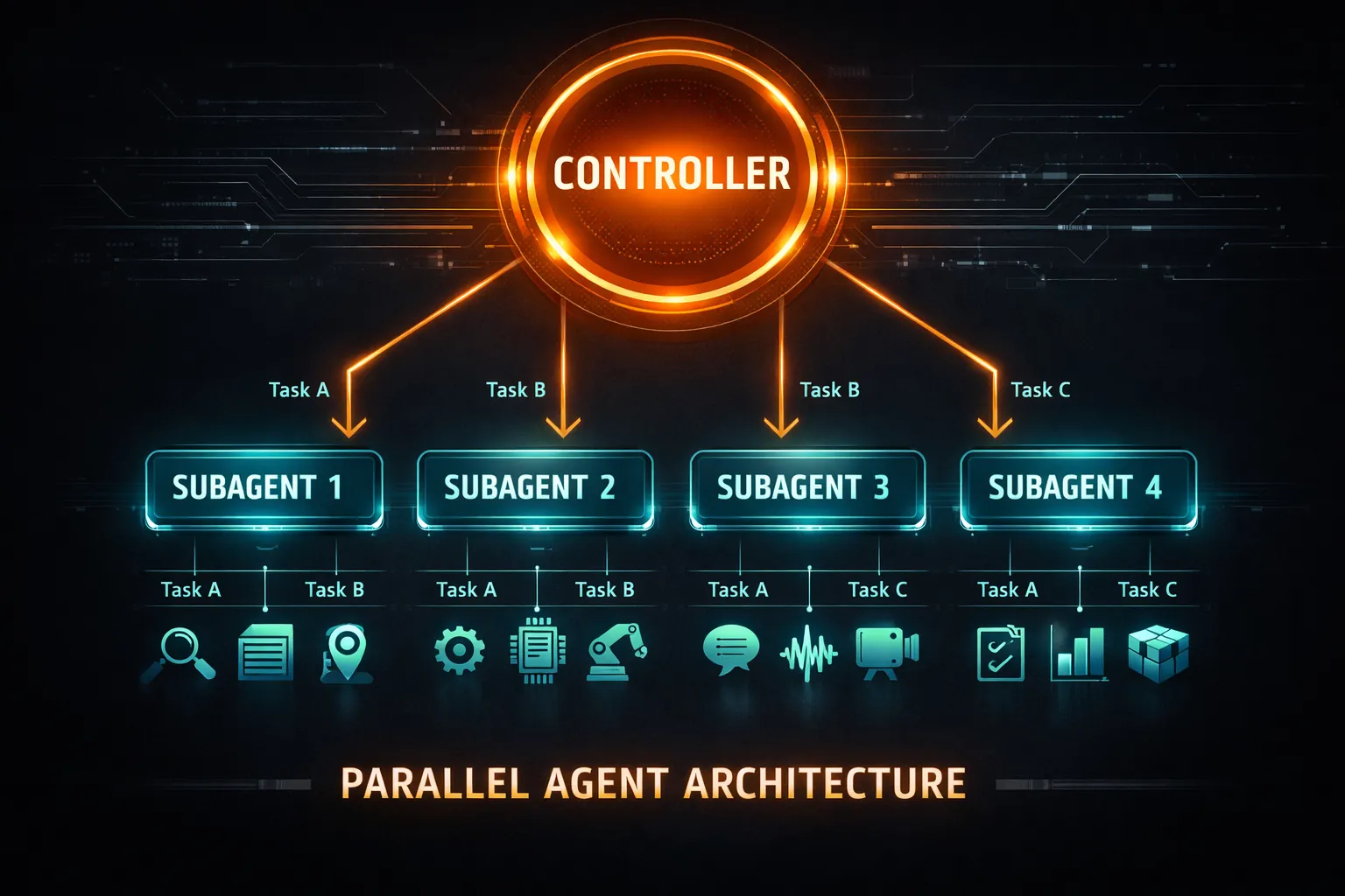 Diagrama de fan-out: el agente principal despliega sub-agentes en paralelo con contexto persistente.