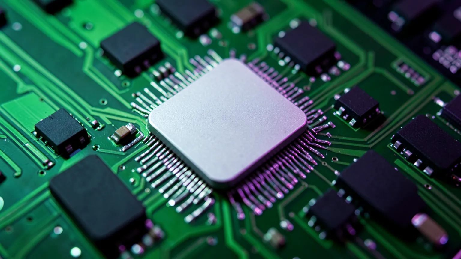 Primer plano de los chips de memoria alrededor del procesador de una tarjeta gráfica sin disipador