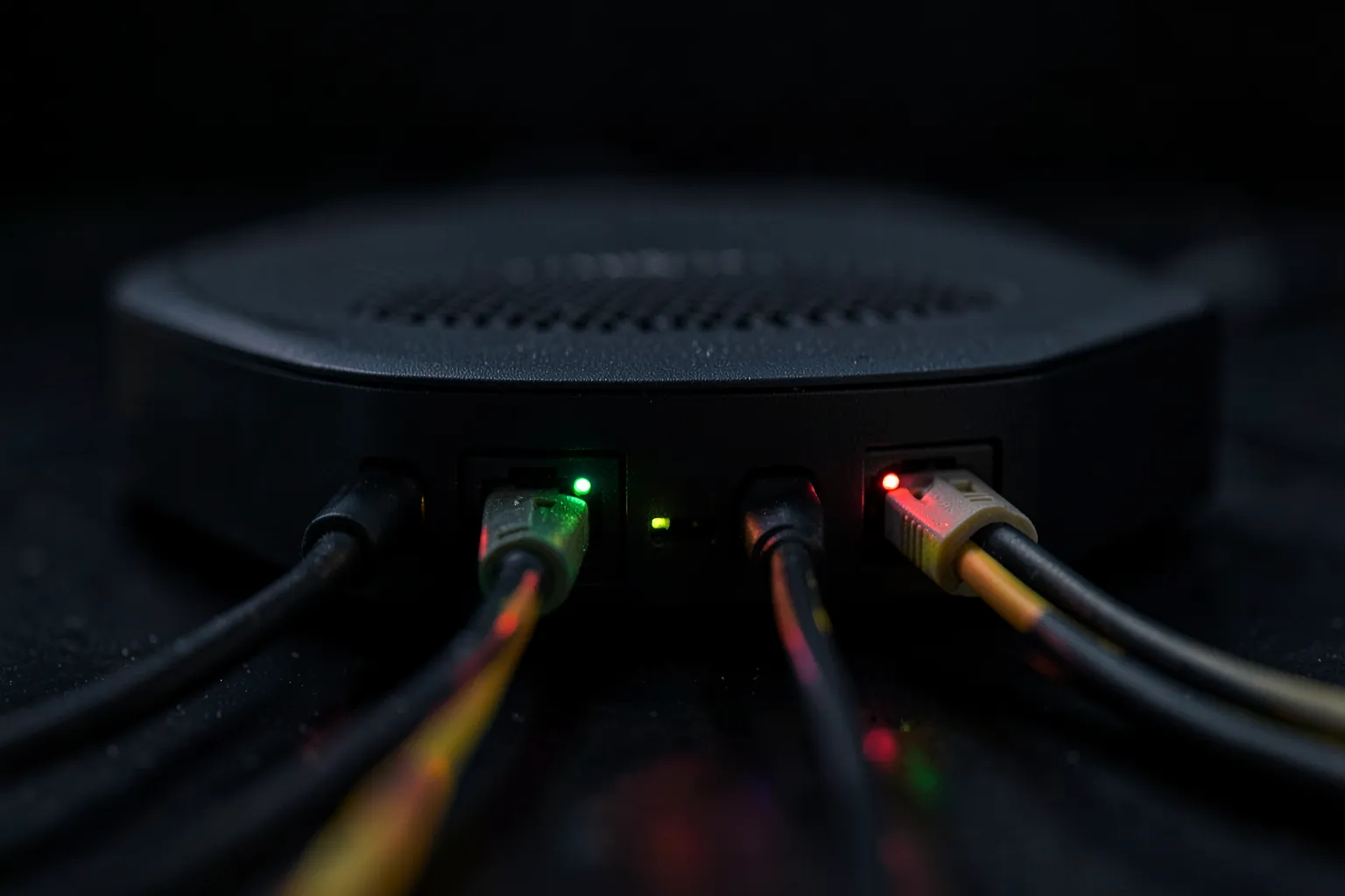 Router domestico con luces de actividad y cables de red conectados