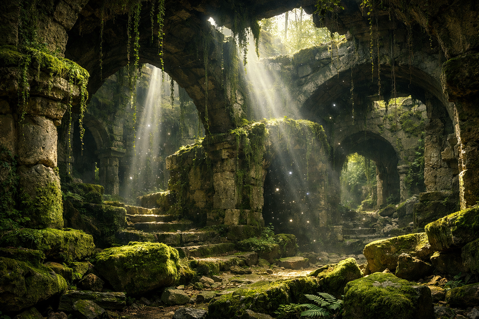 Ancient stone ruins fantasy setting mossy overgrown forest ethereal light