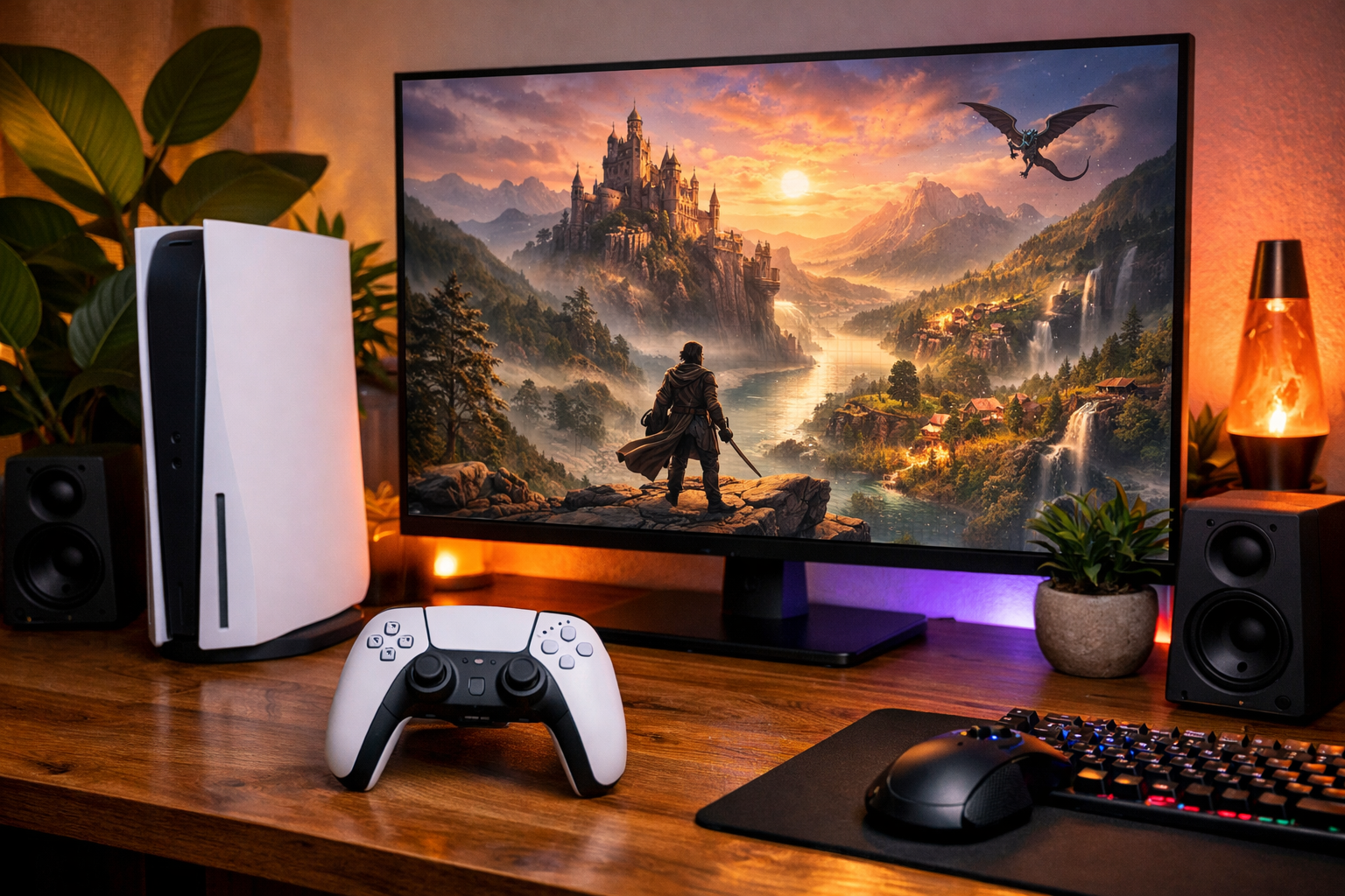 Cooperative fantasy adventure game aesthetic setup mando pantalla auriculares silla