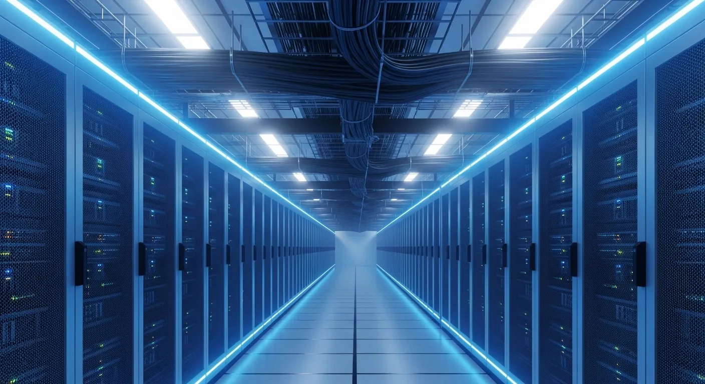 Centro de datos con filas de servidores iluminados consumiendo recursos de memoria para inteligencia artificial