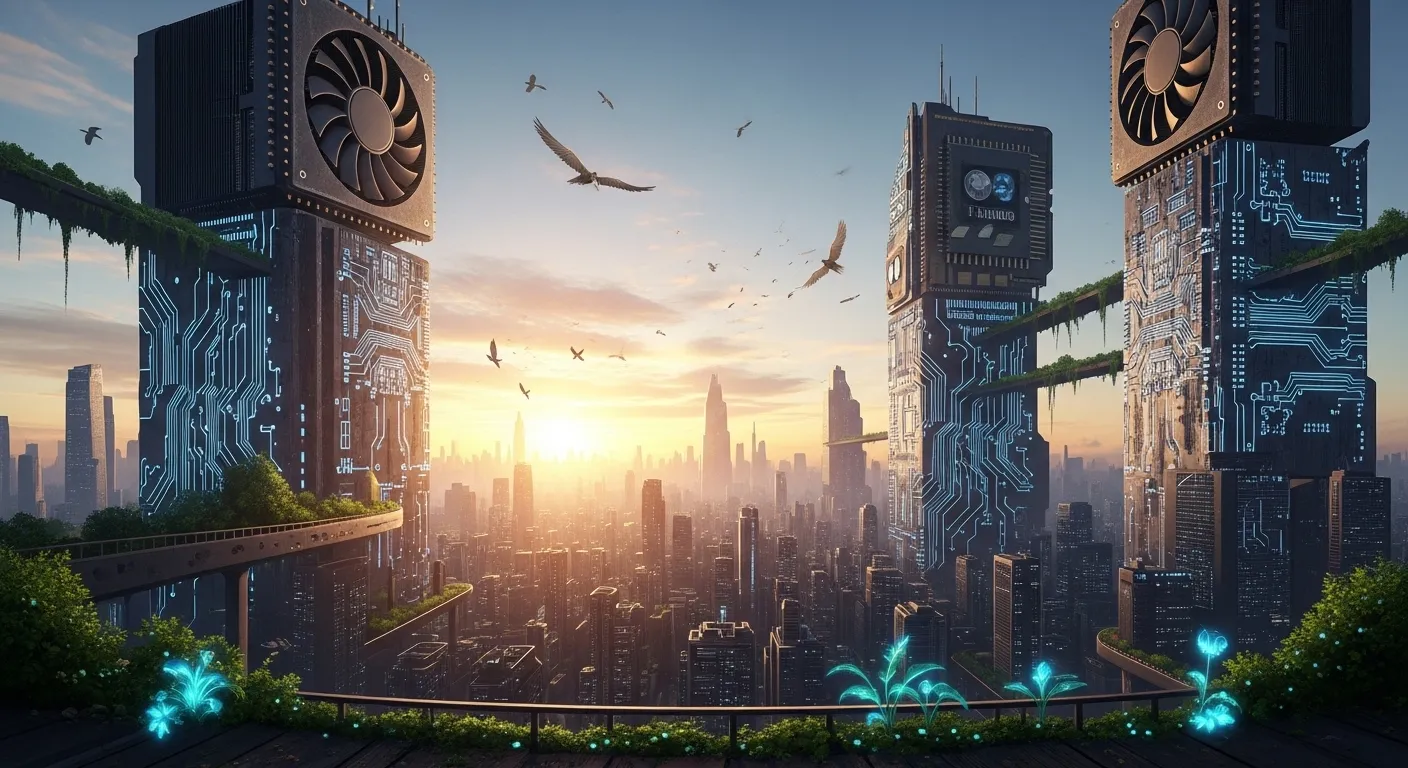 Horizonte futurista con componentes de hardware gaming y señales de recuperación del mercado