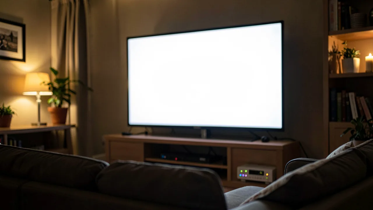 Salón a oscuras con un televisor grande encendido y un pequeño servidor con luces de estado en el mueble, montaje típico de un NAS casero