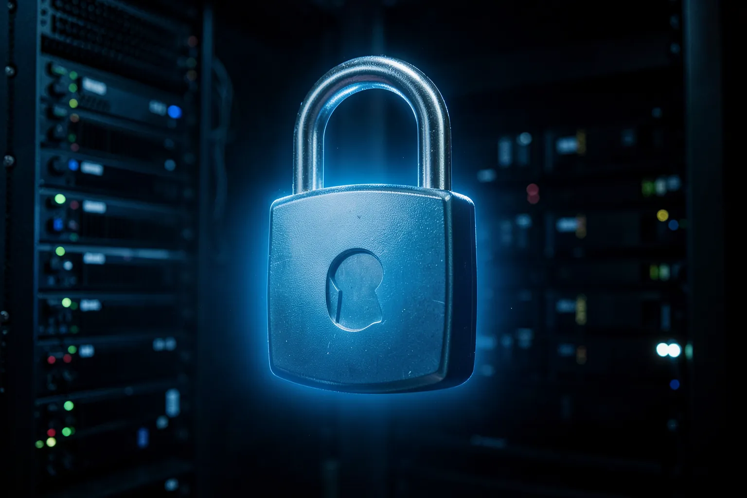 Candado digital protegiendo un servidor de datos