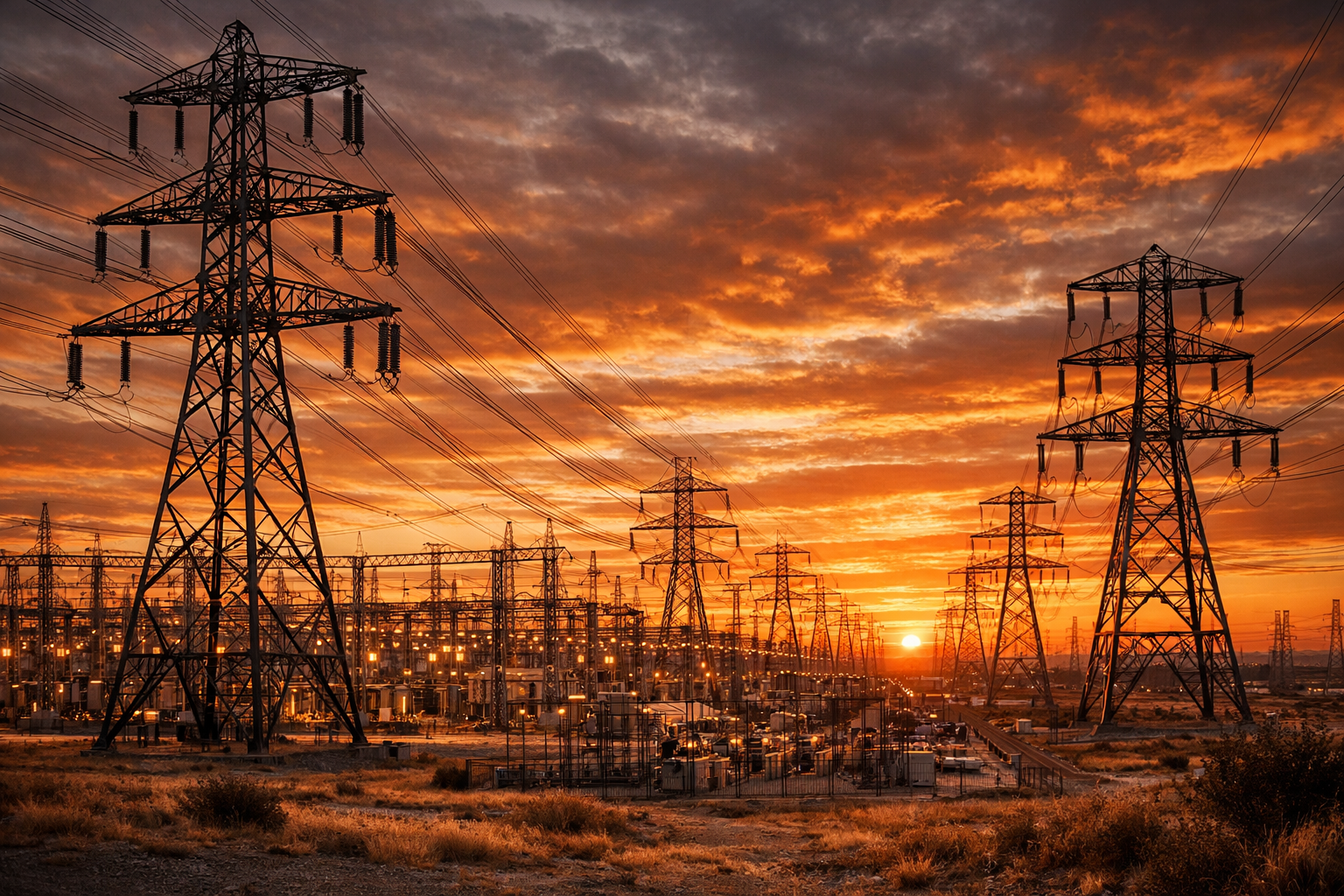 Infraestructura eléctrica de alto voltaje con líneas de transmisión y subestaciones ampliadas para soportar el consumo creciente de los data centers de IA