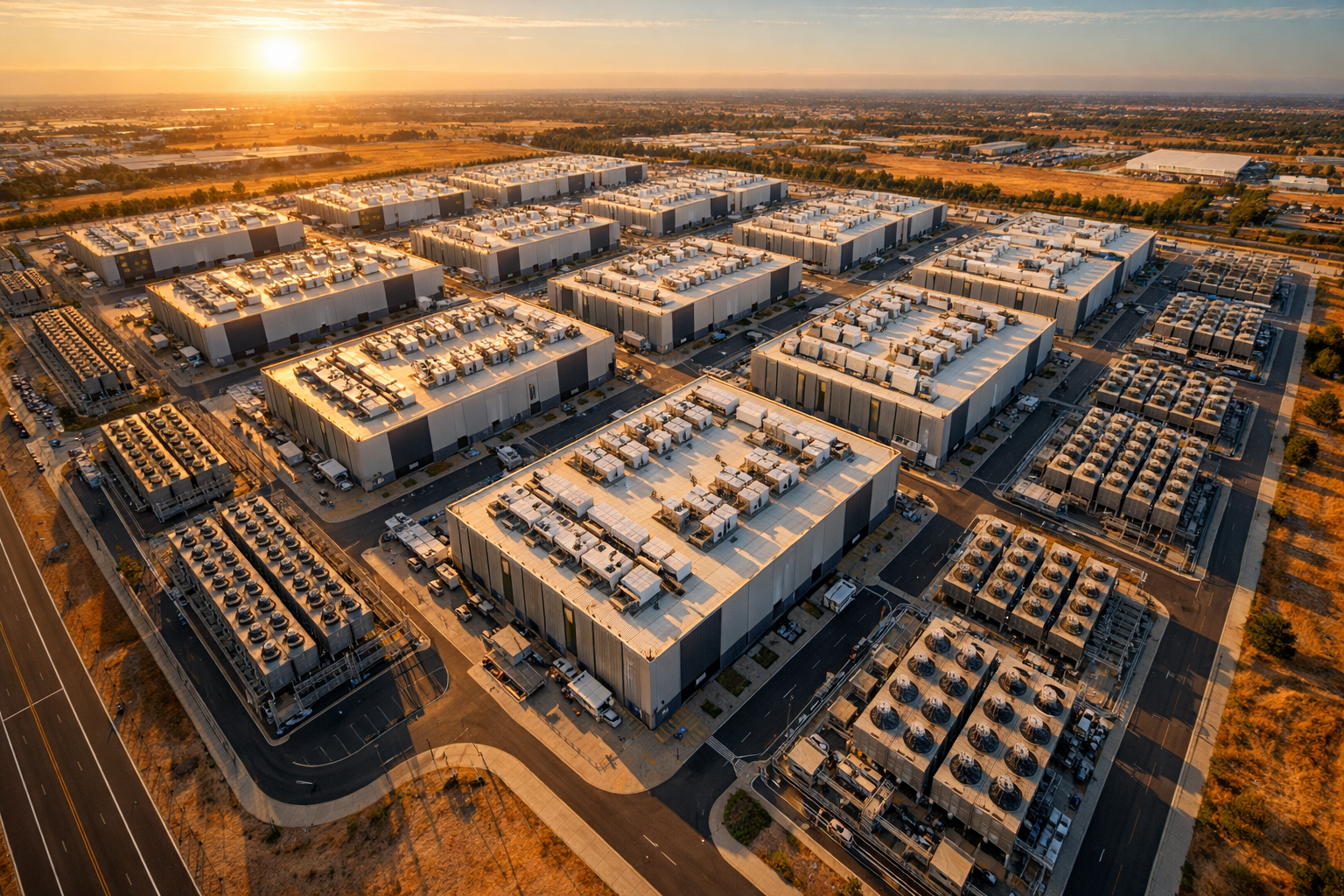 Vista aérea de un gran complejo industrial con torres de refrigeración que representa la concentración de data centers hyperscale en varios estados de EEUU