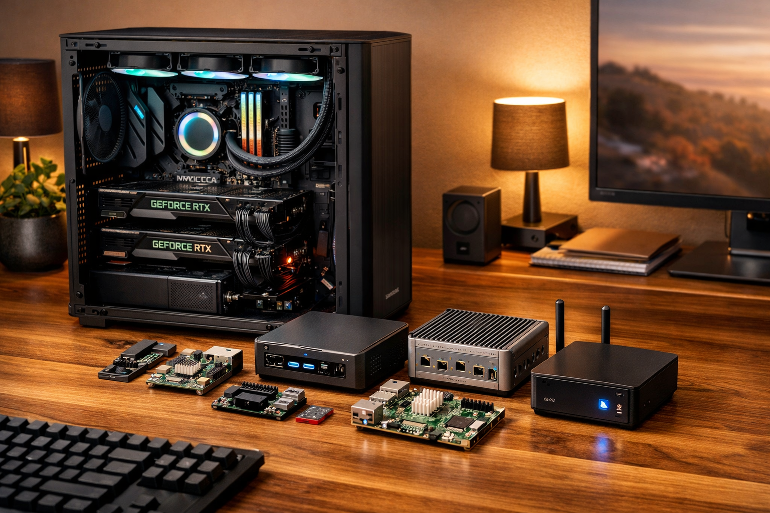 Setup de escritorio con GPU de alto rendimiento y placas de edge computing preparadas para ejecutar modelos de IA en local sin depender de cloud público