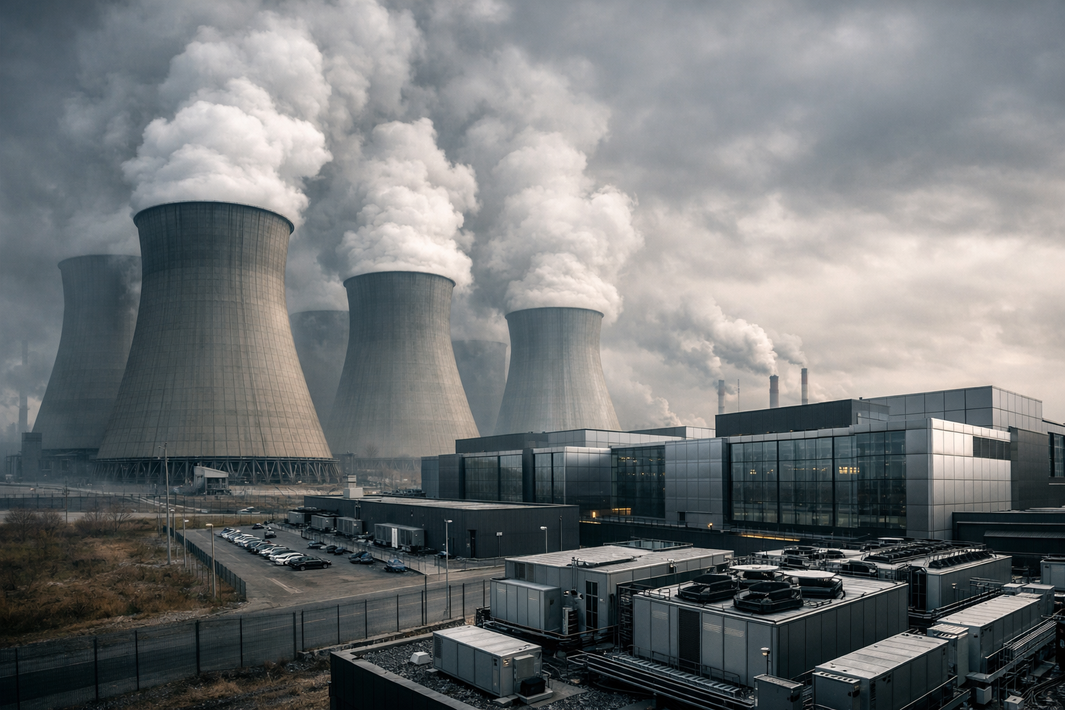Torres de refrigeración industriales de gran altura junto a un complejo tecnológico con vapor y humo asociados a la generación fósil de respaldo