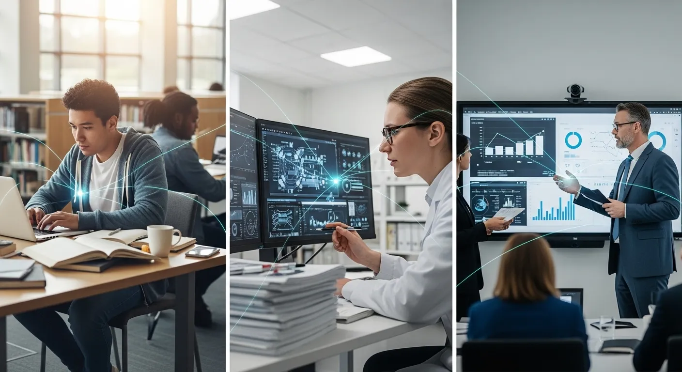 Diferentes profesionales usando NotebookLM en entornos de estudio, investigación y trabajo