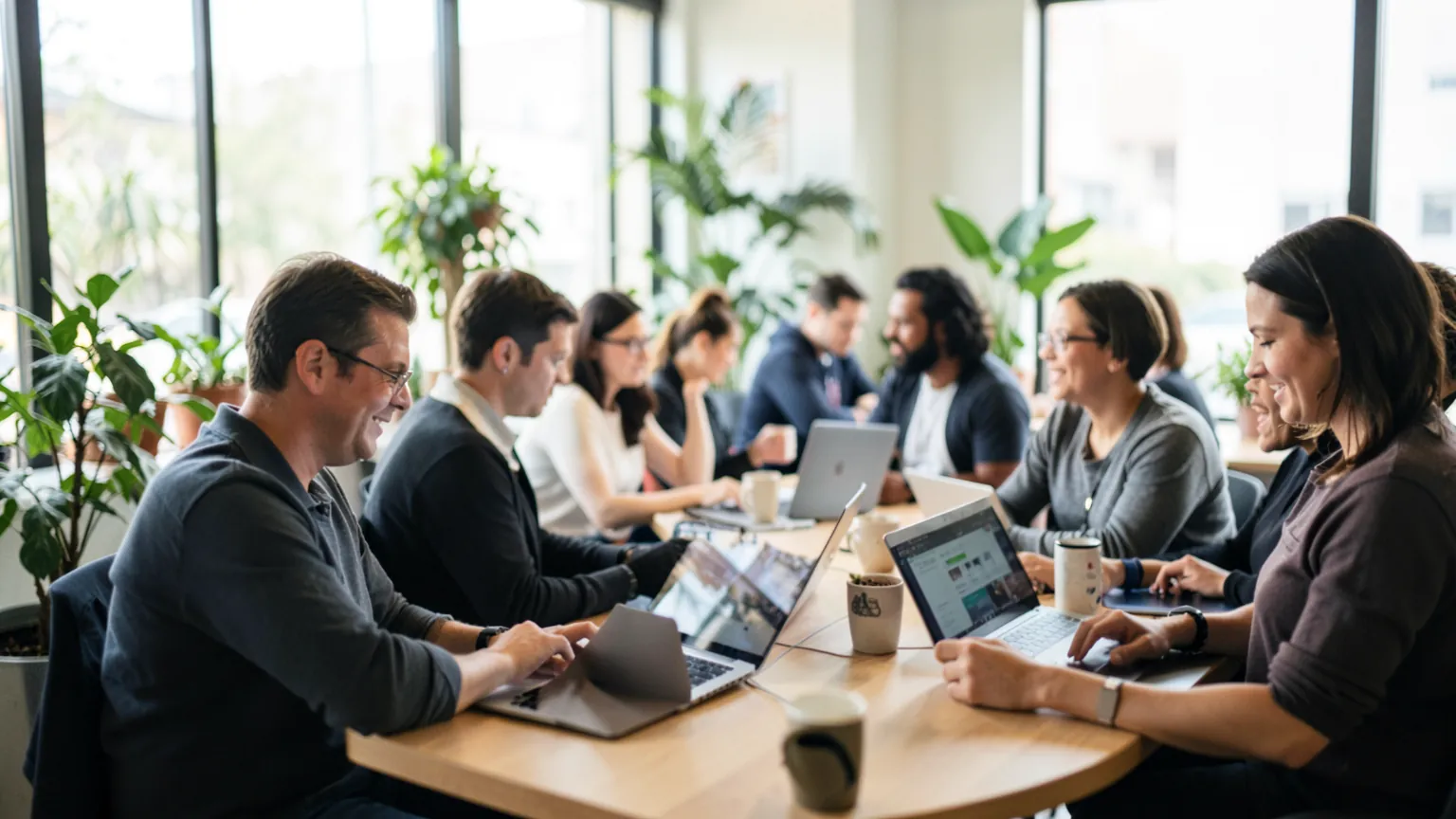 Grupo de personas trabajando con portatiles en un espacio de trabajo compartido y luminoso
