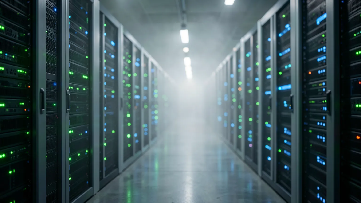 Centro de datos moderno con pasillos de servidores iluminados en verde y azul