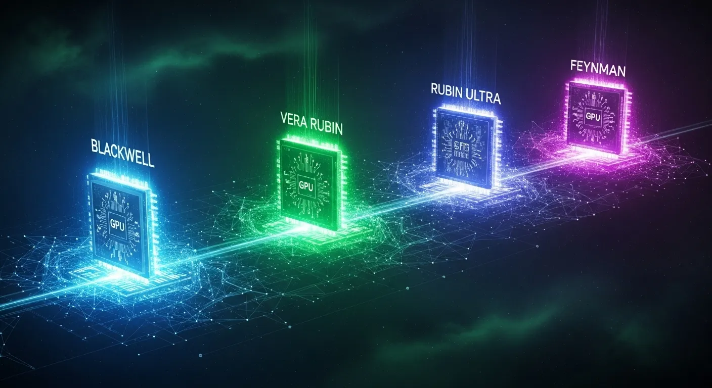 Roadmap oficial de NVIDIA mostrando la evolución de Blackwell a Blackwell Ultra, Vera Rubin, Rubin Ultra y Feynman