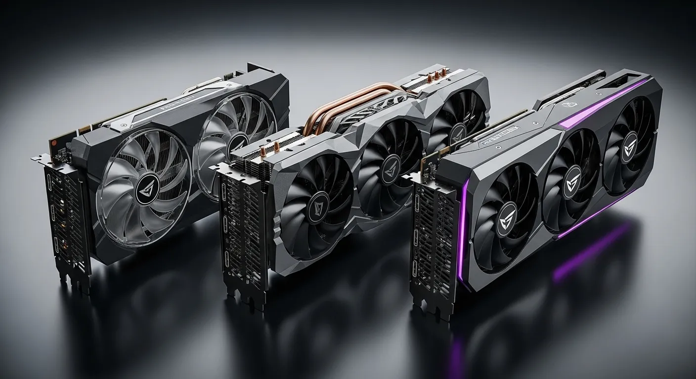 Varias tarjetas gráficas RTX 5060 Ti de diferentes fabricantes alineadas sobre fondo oscuro