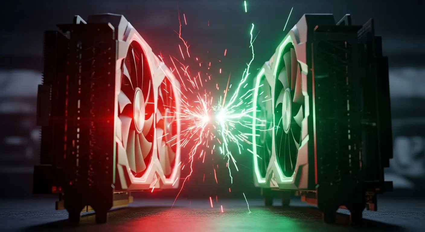 Dos tarjetas gráficas enfrentadas con iluminación roja y verde representando AMD vs NVIDIA