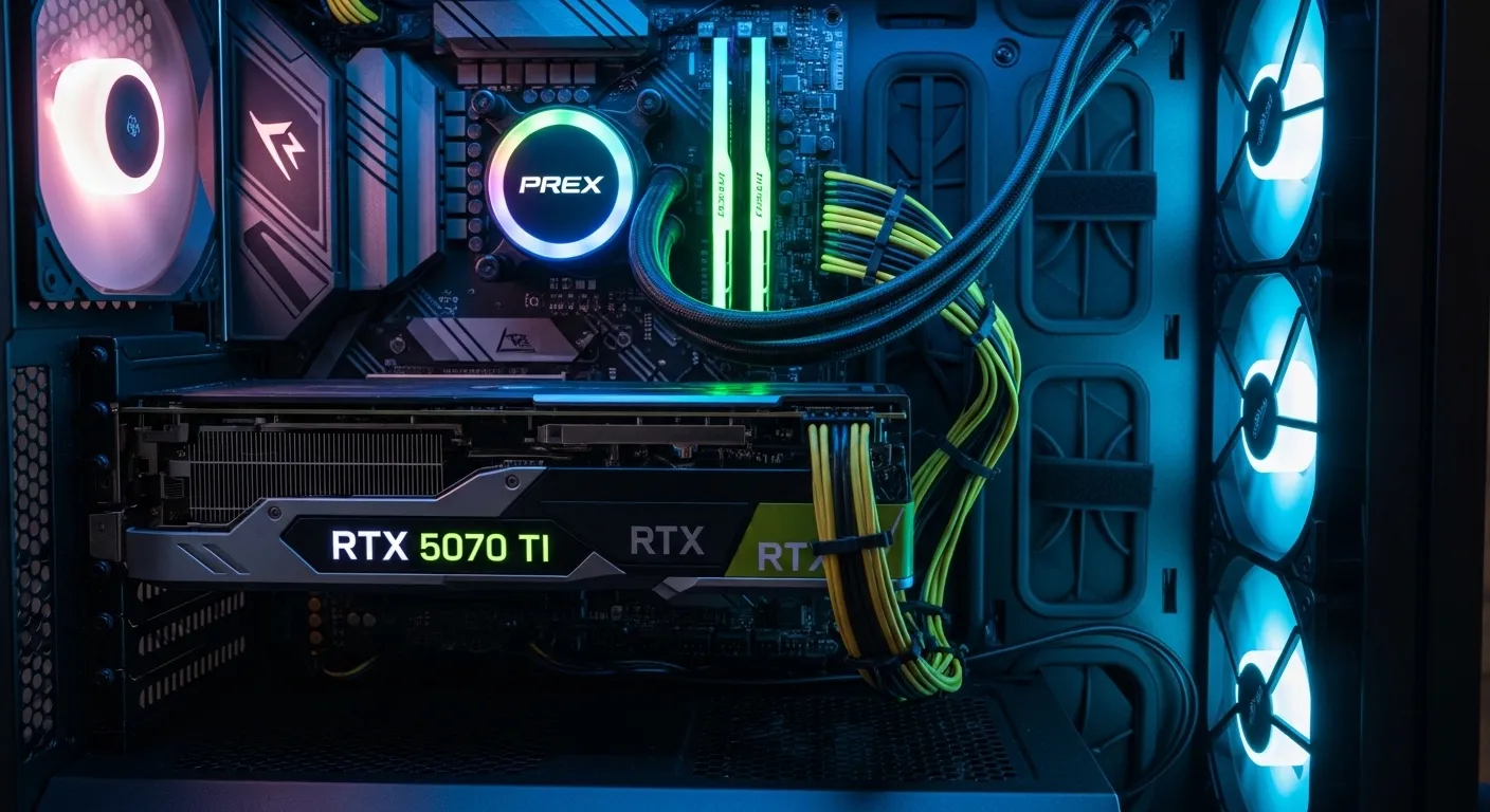PC gaming abierto mostrando una tarjeta gráfica RTX instalada con iluminación RGB
