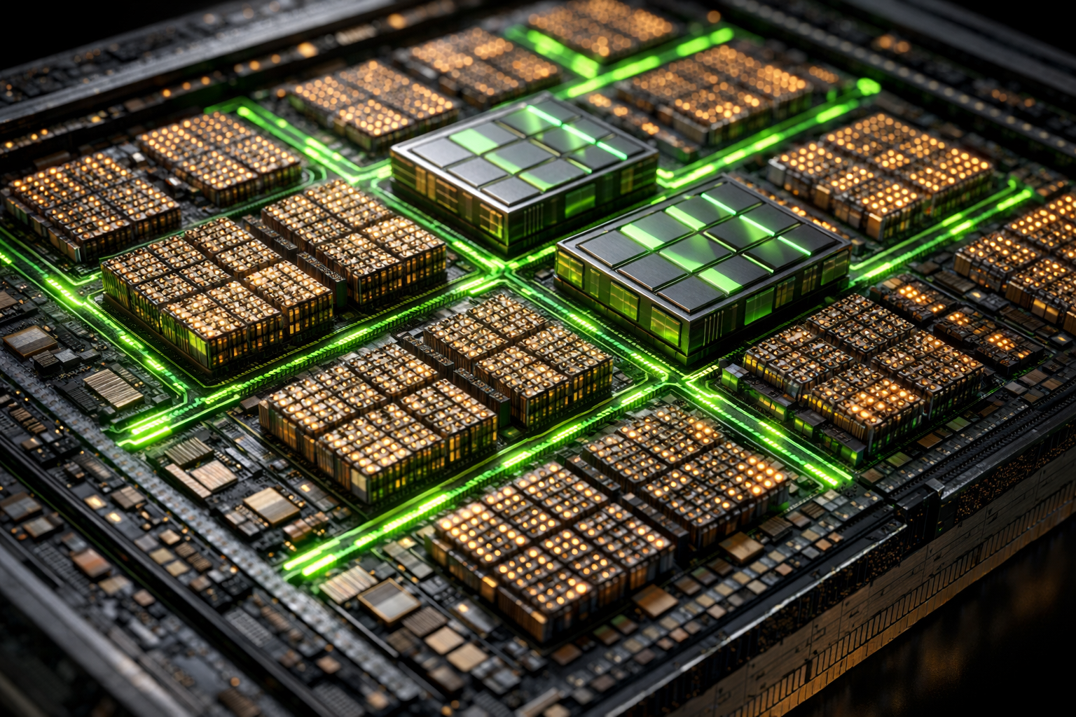 Vista renderizada de la sección Blackwell del RTX Spark con Tensor Cores FP4 y CUDA cores destacados
