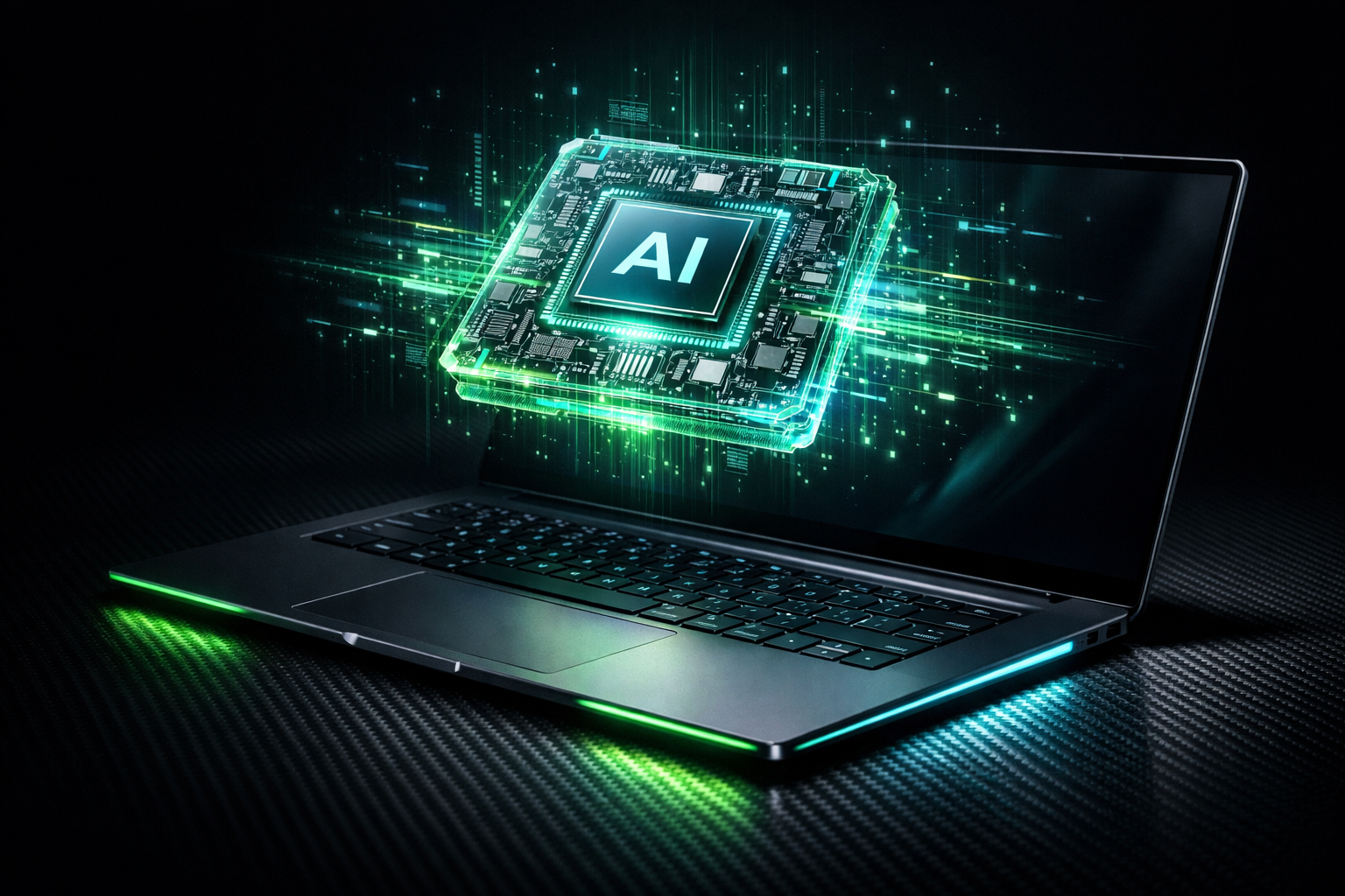 Portátil ultradelgado con NVIDIA RTX Spark Superchip Blackwell y Grace CPU sobre fondo tecnológico