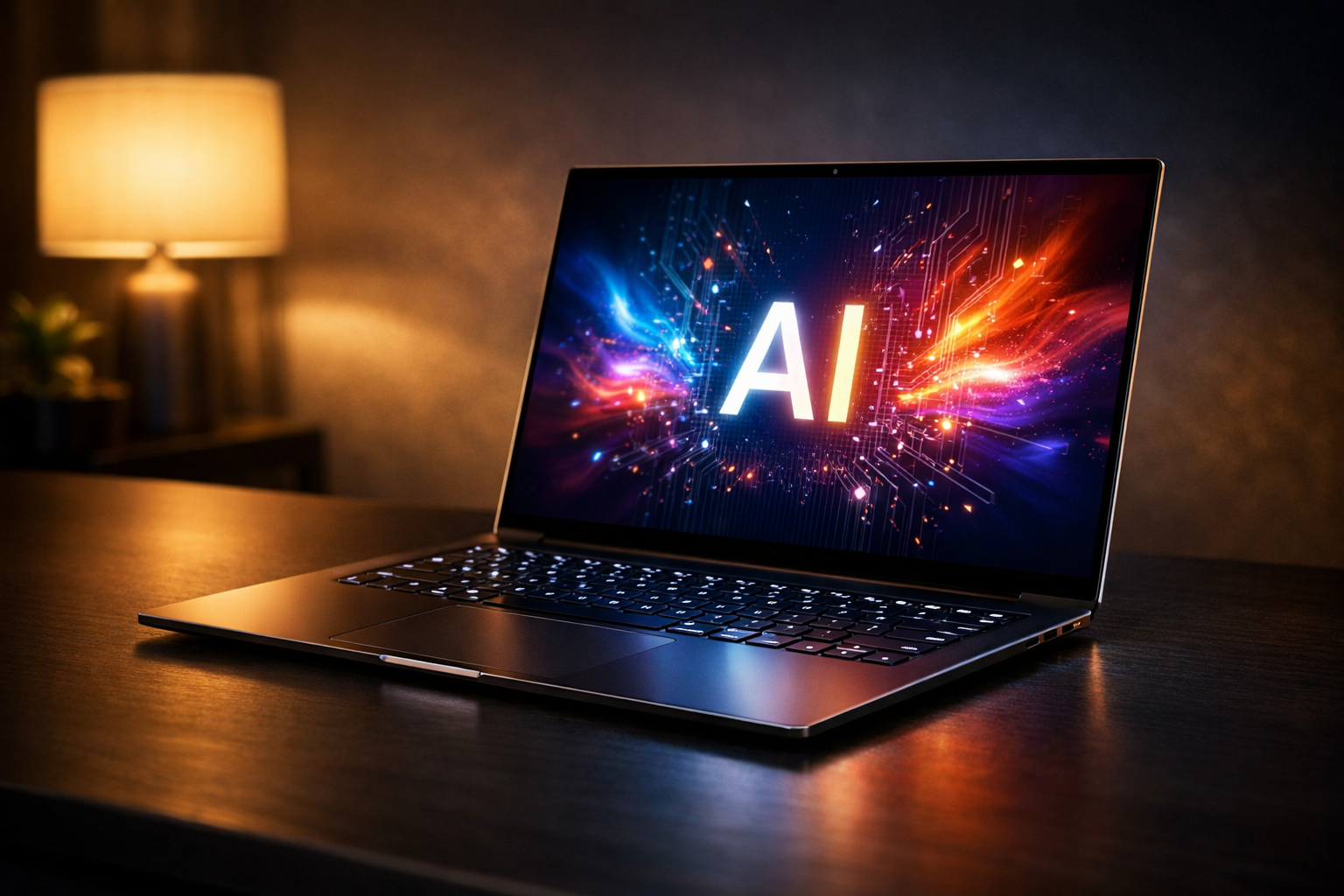 Ultra thin premium AI laptop con NVIDIA RTX Spark abierto mostrando pantalla OLED y teclado retroiluminado