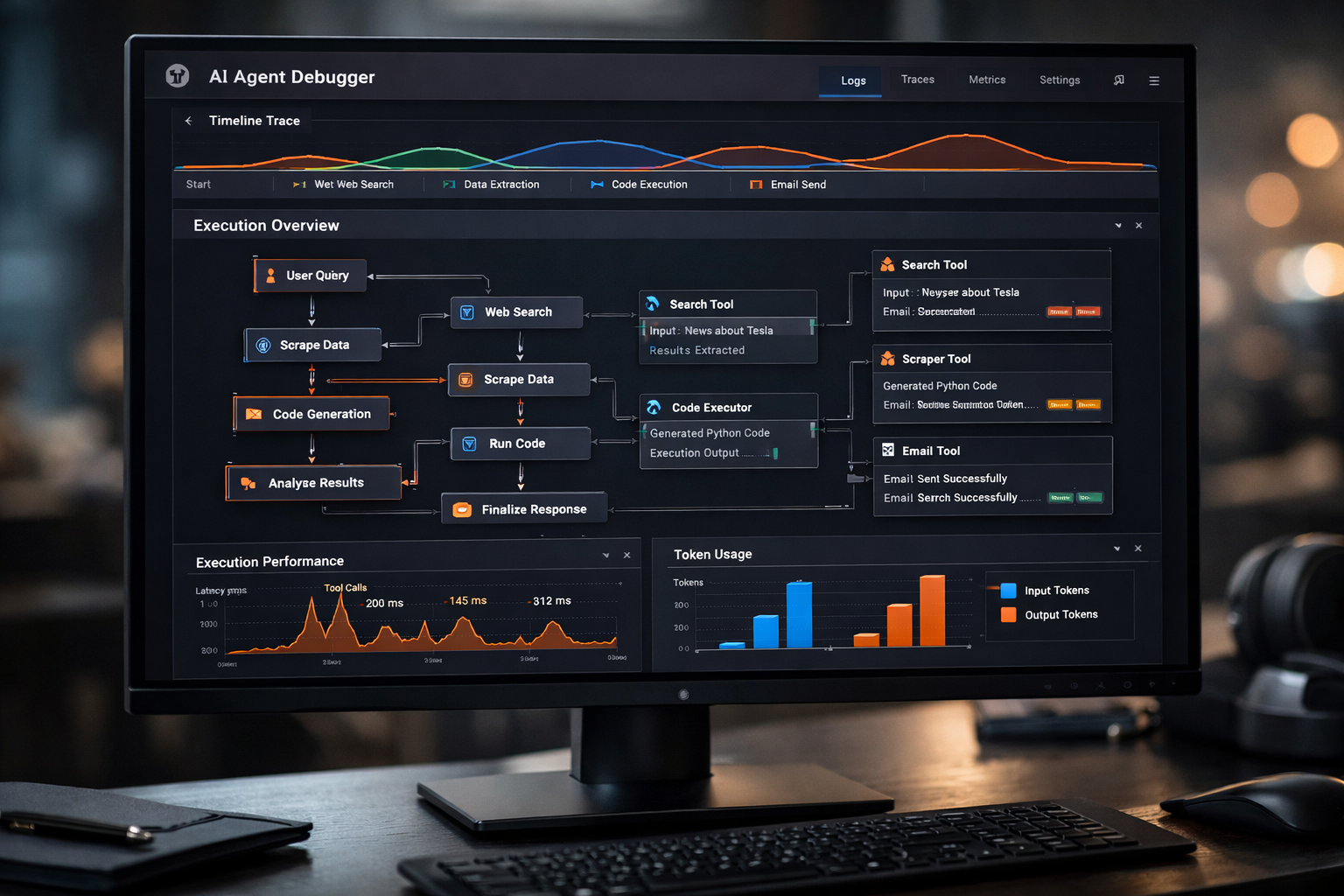 Dashboard de tracing de OpenAI mostrando timeline de un agente con tool calls y handoffs