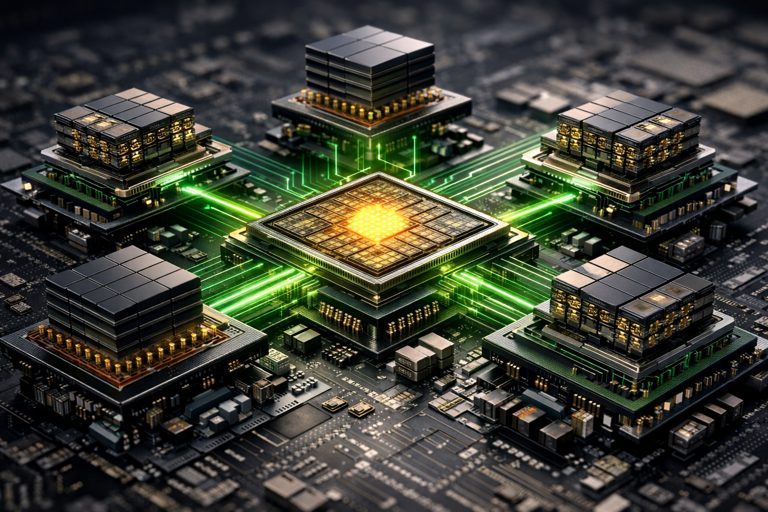 Arquitectura interna de chip ASIC de inteligencia artificial con núcleos tensoriales y memoria HBM
