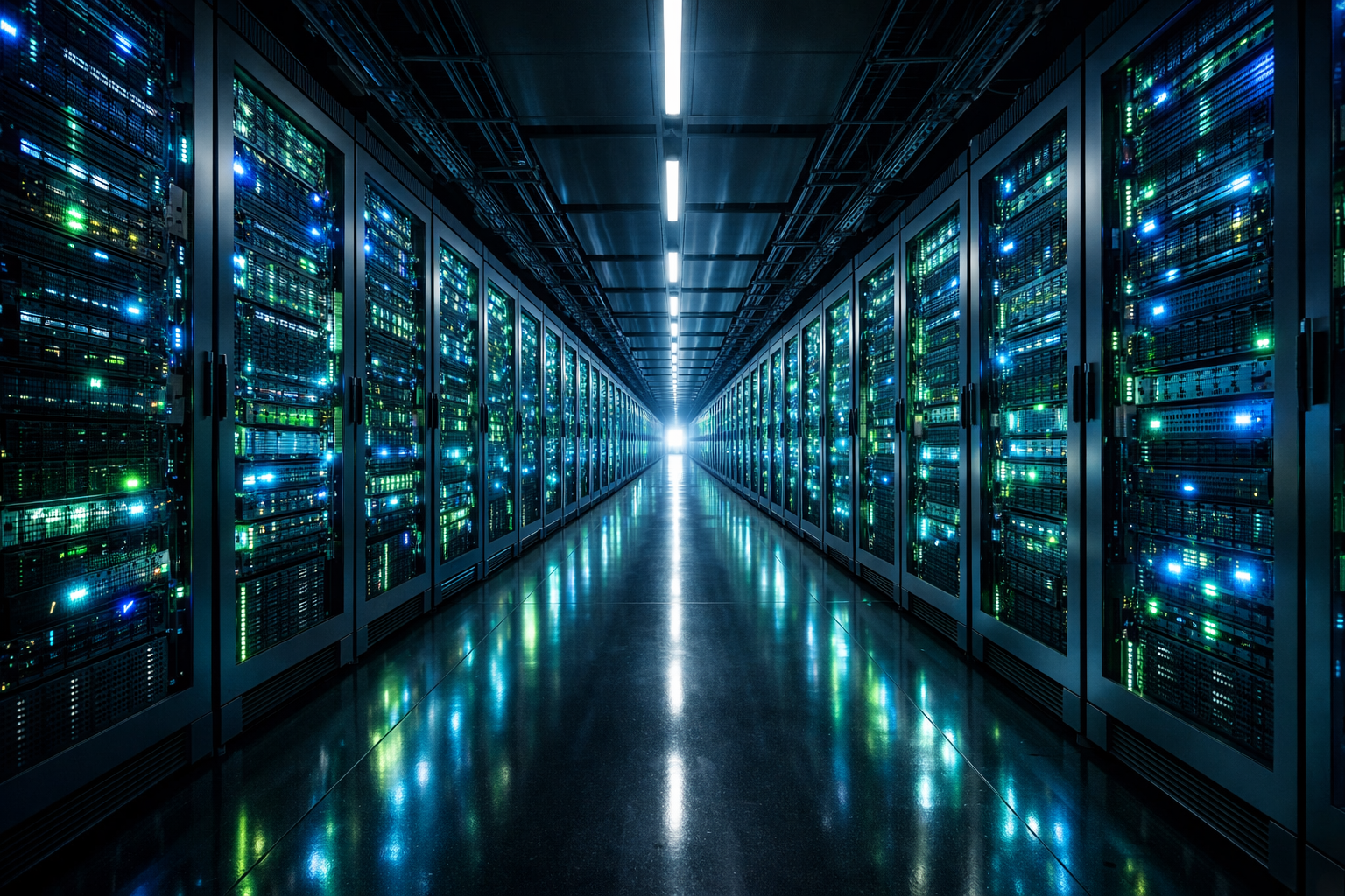Centro de datos moderno con racks de servidores de inteligencia artificial y hardware personalizado