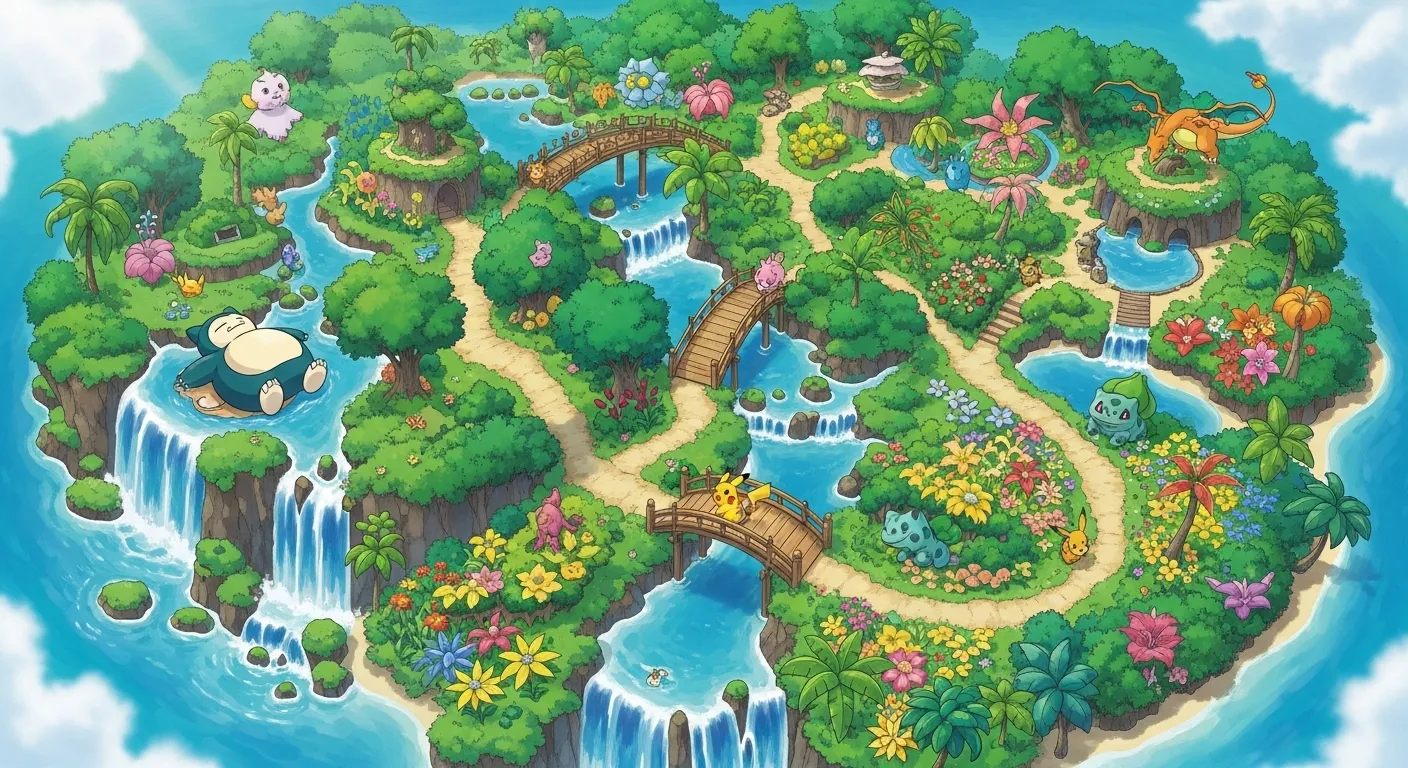 Vista panorámica de una isla en Pokémon Pokopia con Pokémon conviviendo
