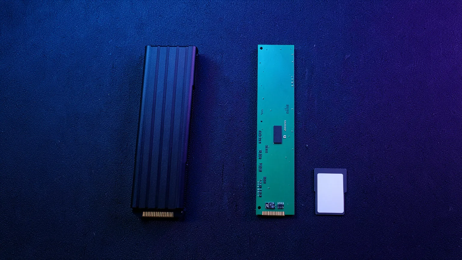 Unidades SSD y tarjetas de memoria sobre una alfombrilla de escritorio iluminada con luz azul