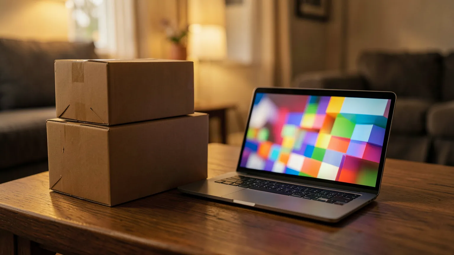 Cajas de envío de cartón apiladas junto a un portátil abierto sobre una mesa de salón