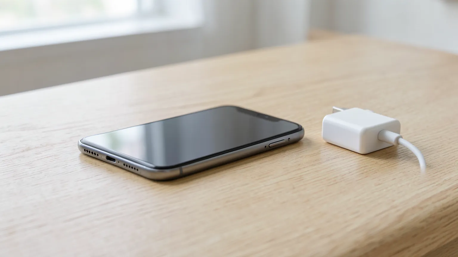 Teléfono móvil junto a un cargador USB-C compacto blanco con su cable sobre una mesa de madera clara con luz natural
