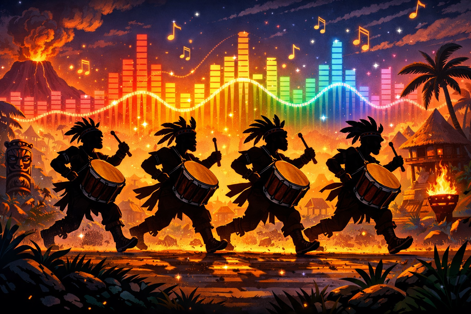 Ratatan jugabilidad silhouette drum warriors marching scroll lateral acción rítmica